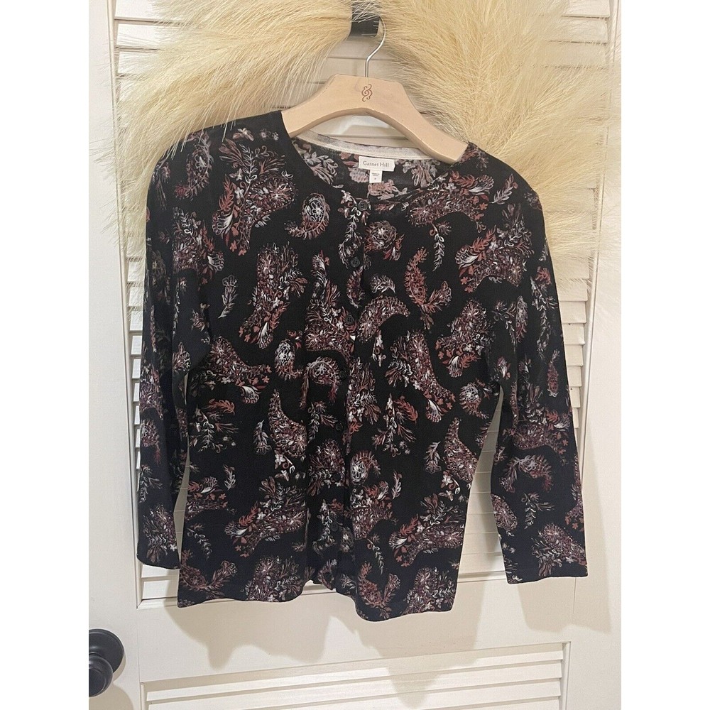 Garnet Hill Beige 100% Merino Wool Floral Black Floral Cardigan Sweater S